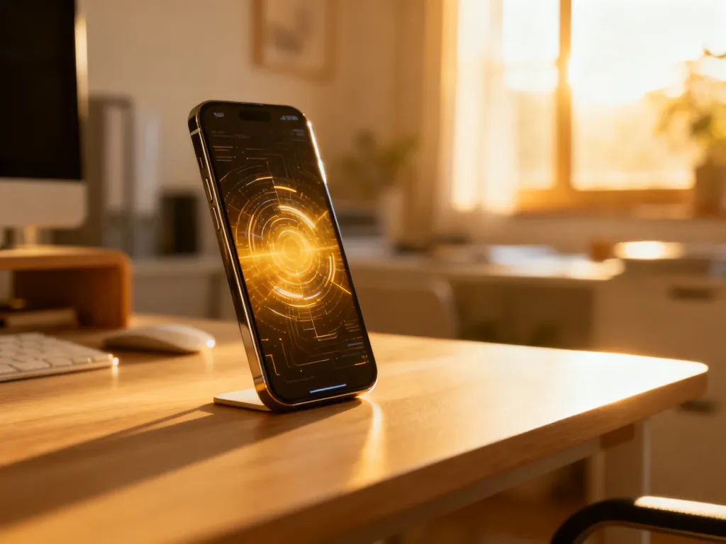 Nowoczesny smartfon z podświetlonym interfejsem na drewnianym biurku w słonecznym biurze.