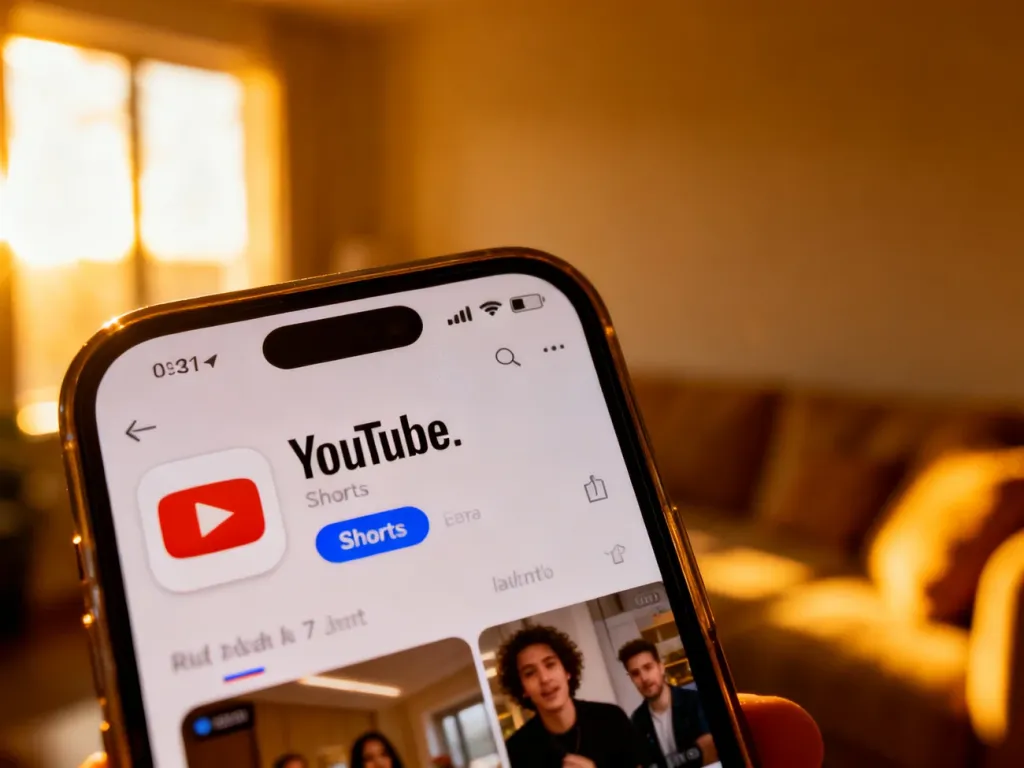 Ekran smartfona z wyróżnioną ikoną YouTube Shorts na tle przytulnego salonu w świetle zachodzącego słońca.