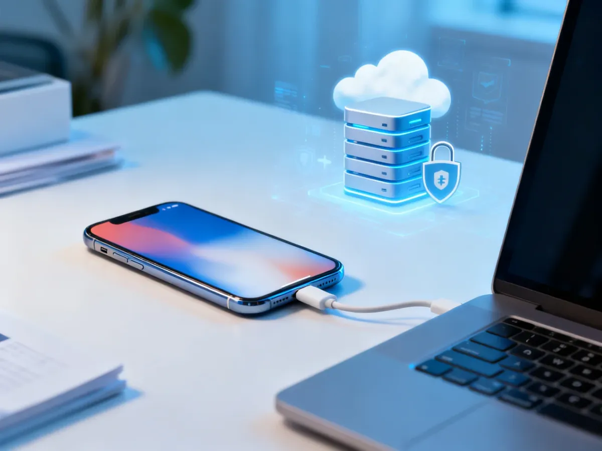 iPhone connected to a laptop during a secure backup