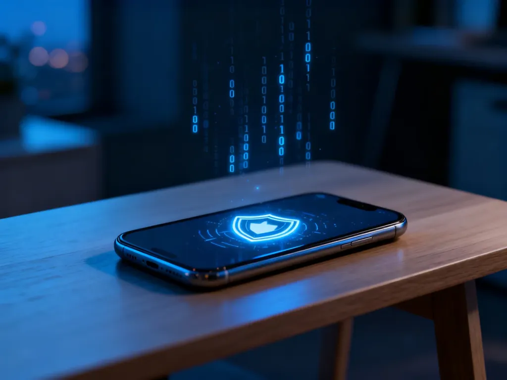 Nowoczesny smartfon z ikoną tarczy ochronnej na ekranie na tle cyfrowego kodu, symbolizujący bezpieczeństwo urządzenia.
