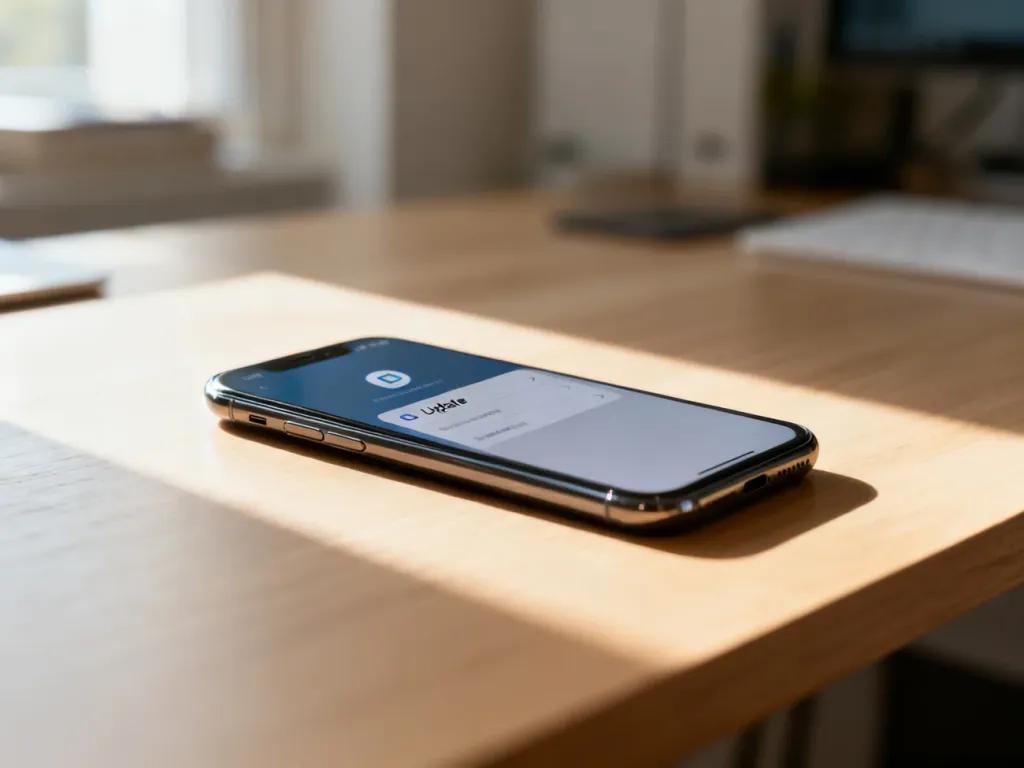 Nowoczesny smartfon leżący na biurku z otwartym menu ustawień systemowych, wskazującym na dostępność aktualizacji oprogramowania.