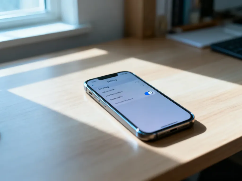 Nowoczesny smartfon na drewnianym biurku z otwartym menu ustawień, gdzie przełącznik funkcji jest wyłączony.