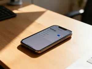 Smartfon z rozładowaną baterią podłączony do kabla na drewnianym biurku. Ilustracja problemów z szybkim zużyciem energii.