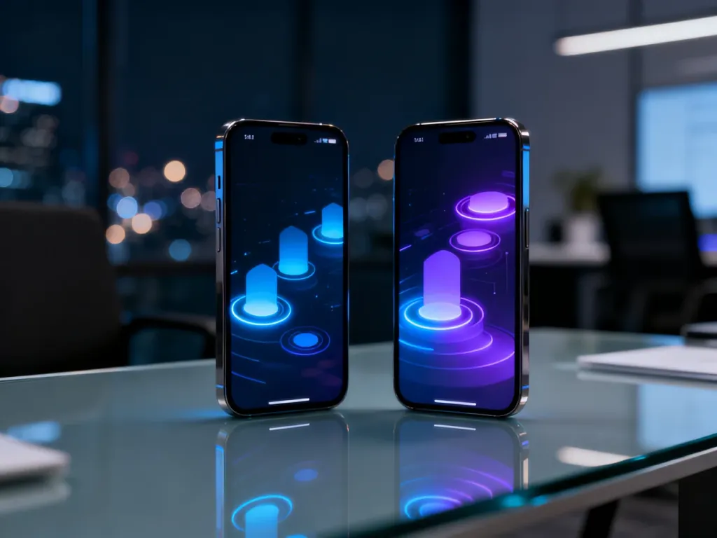 Dwa nowoczesne smartfony obok siebie z abstrakcyjnymi interfejsami, symbolizujące porównanie systemów Android 14 i 15.