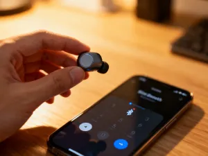 Futurystyczny smartfon unoszący się w powietrzu, otoczony cyfrowymi hologramami i kodem w nowoczesnym laboratorium.