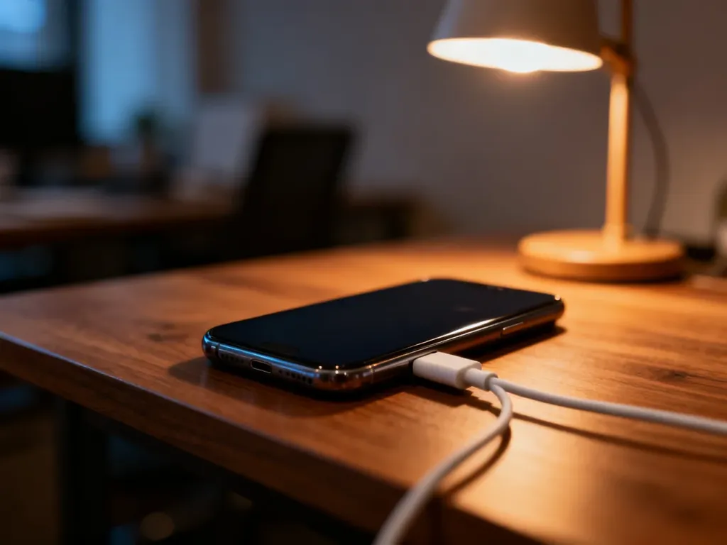Smartfon podłączony do ładowarki na drewnianym biurku w przytulnym, wieczornym oświetleniu.