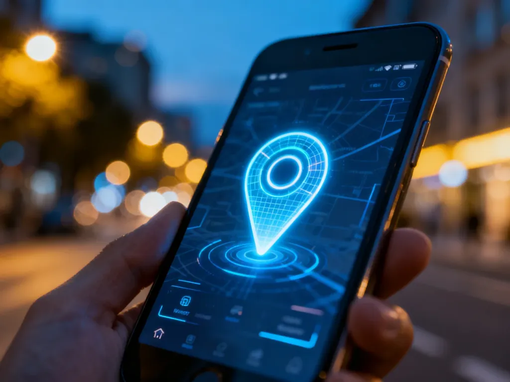 Ikona pinezki GPS na ekranie smartfona na tle rozmytego miejskiego krajobrazu, symbolizująca włączoną lokalizację.