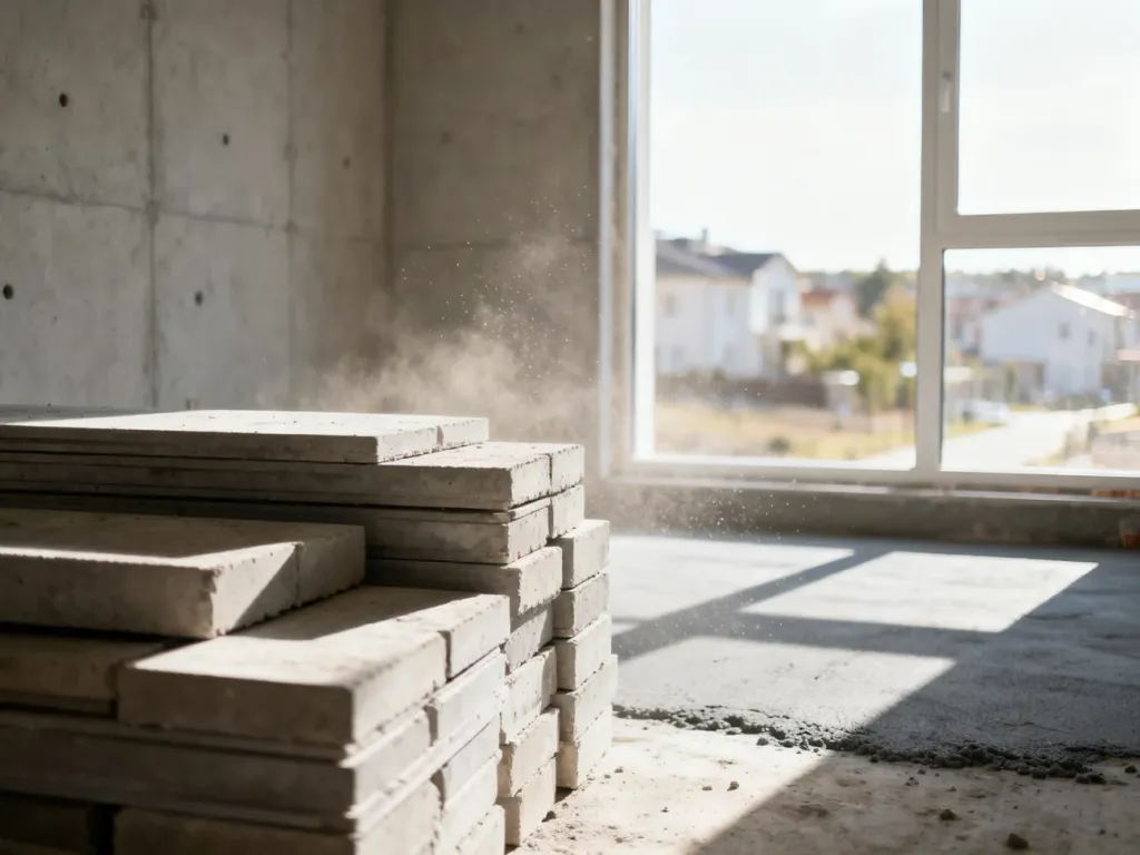 Surowe wnętrze mieszkania w stanie deweloperskim z betonowymi ścianami, wylewką na podłodze i materiałami budowlanymi.