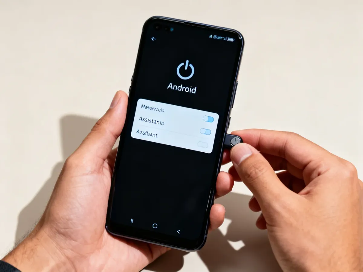 Smartfon z otwartym menu zasilania i ustawieniami asystenta