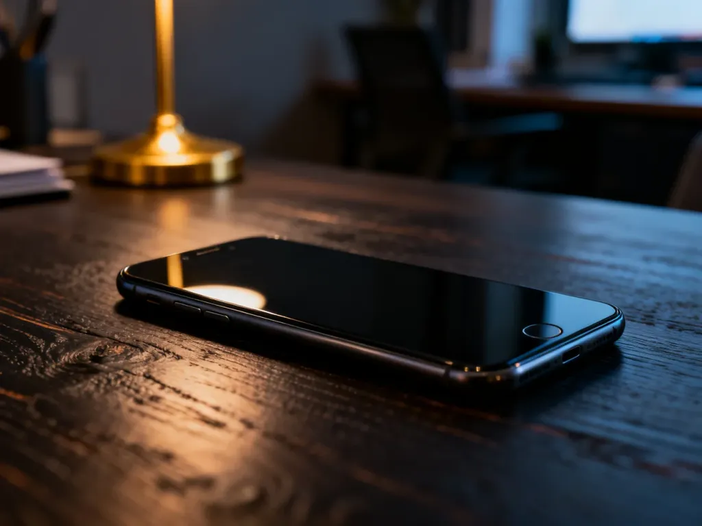 Zablokowany smartfon leżący na ciemnym biurku w wieczornym świetle, symbolizujący utracone urządzenie.