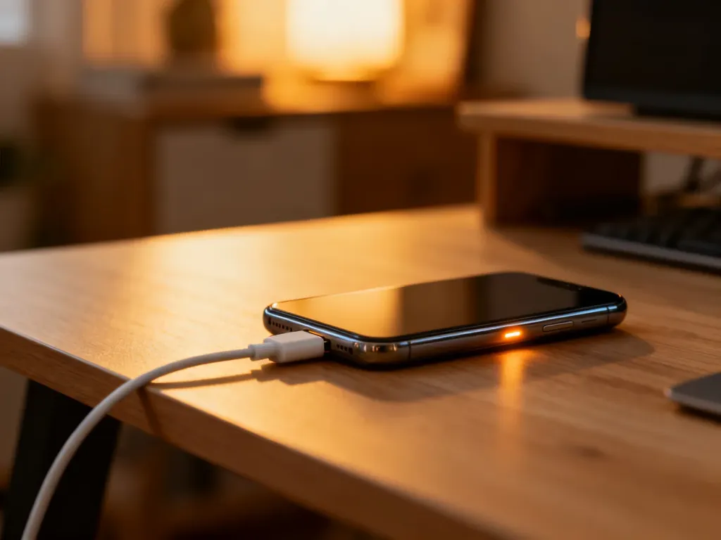 Nowoczesny smartfon podłączony do szybkiej ładowarki na minimalistycznym drewnianym biurku.