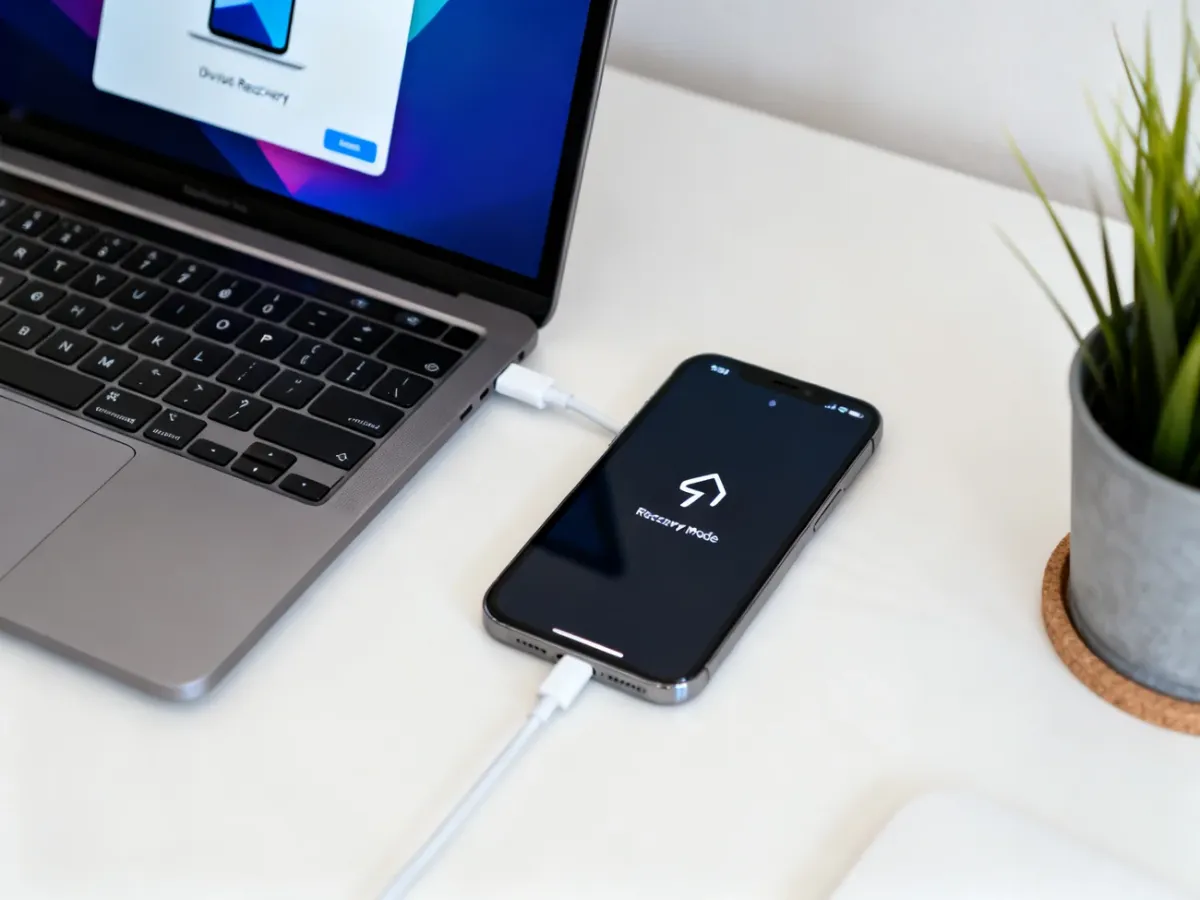 iPhone podłączony przewodem do komputera w trybie odzyskiwania