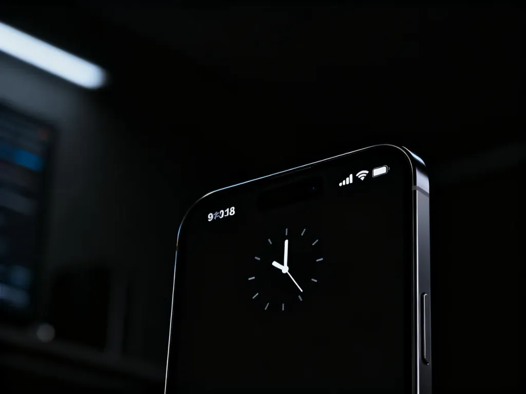 Nowoczesny smartfon z funkcją Always on Display, prezentujący minimalistyczny zegar i powiadomienia na czarnym tle.