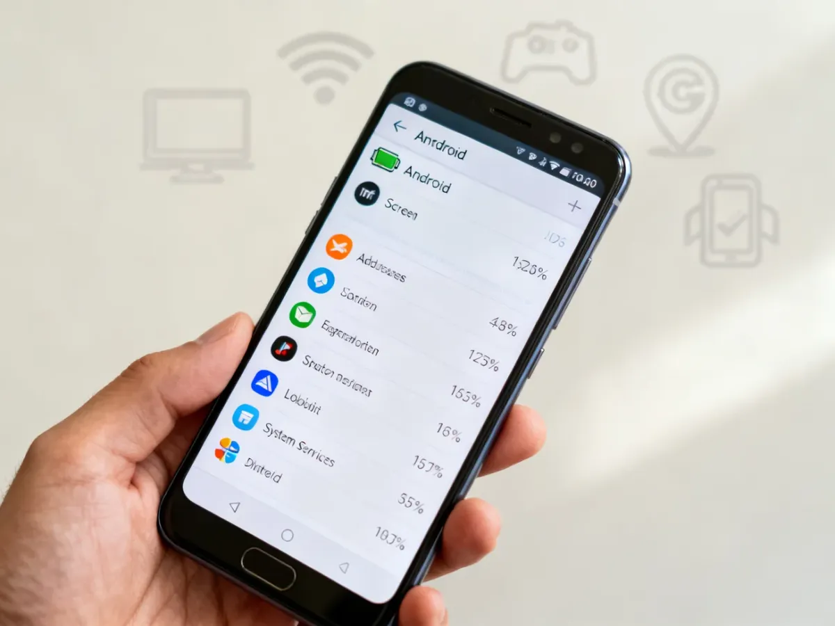 Smartfon z ekranem statystyk zużycia baterii przez aplikacje i usługi