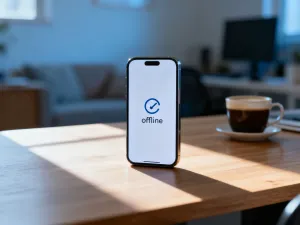 Smartfon z ikoną kłódki na ekranie, symbolizujący ustawienia zabezpieczeń i ochronę urządzenia na drewnianym biurku.