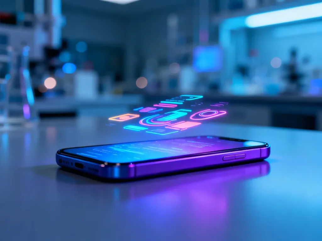 Nowoczesny smartfon z wyświetlaczem prezentującym futurystyczny, kolorowy interfejs systemu Android w neonowej stylistyce.