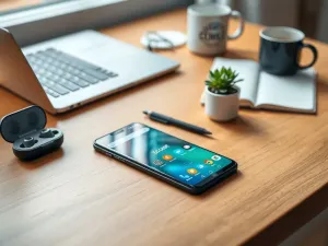 Smartfon podłączony kablem USB-C do ładowarki sieciowej na minimalistycznym biurku.