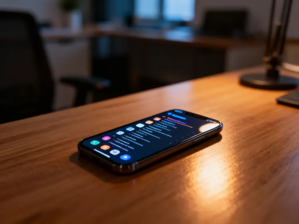 Smartfon leżący na biurku z widoczną listą aktywnych procesów i aplikacji działających w tle.