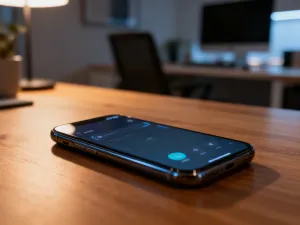 Nowoczesny smartfon leżący na drewnianej ładowarce indukcyjnej w przytulnym domowym biurze.