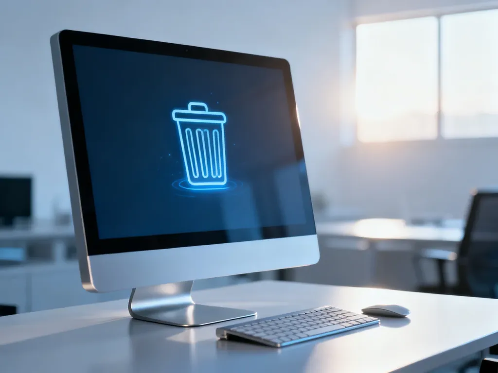 Monitor komputera z ikoną kosza symbolizującą czyszczenie pamięci podręcznej w nowoczesnym biurze.