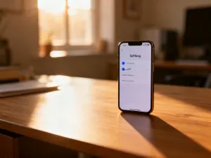 Nowoczesny smartfon na drewnianym biurku z otwartym menu ustawień, na którym wyłączany jest przełącznik funkcji Wi-Fi Calling.