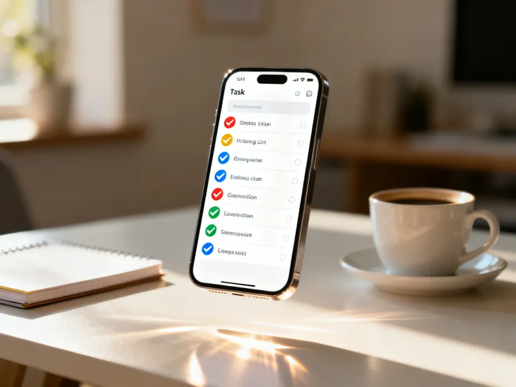 Nowoczesny smartfon z przejrzystą listą zadań na ekranie, leżący na biurku w domowym biurze.