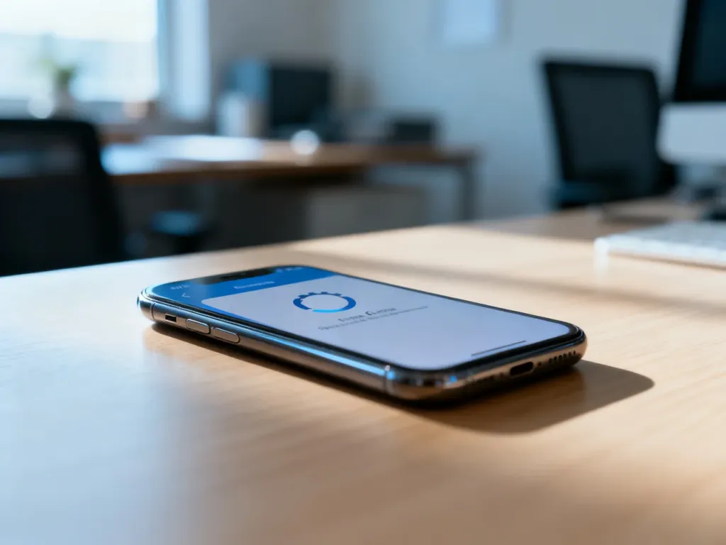 Smartfon na biurku z widocznym na ekranie procesem ładowania, symbolizujący problem z aktualizacją systemu.