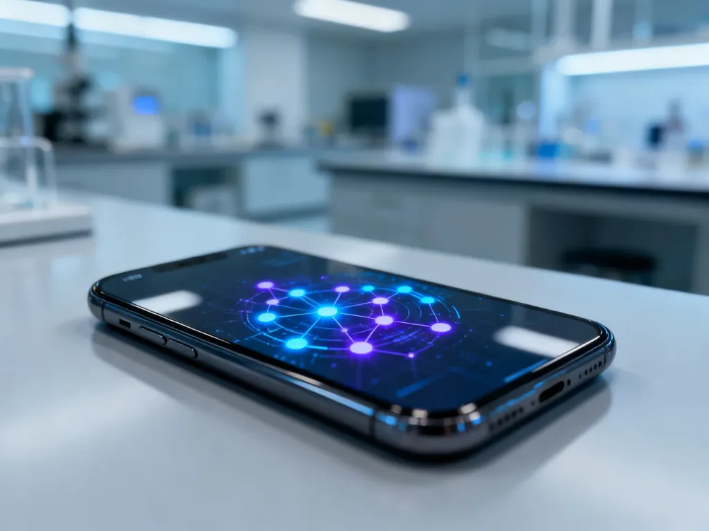 Nowoczesny ekran smartfona z futurystycznym interfejsem, symbolizujący zaawansowane zmiany w nowej aktualizacji systemu iOS.