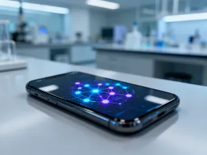 Nowoczesny smartfon leżący na drewnianym biurku w trakcie uruchamiania się w promieniach porannego słońca.
