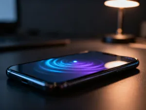 Smartfon podłączony do ładowarki na drewnianym biurku w przytulnym, wieczornym oświetleniu.