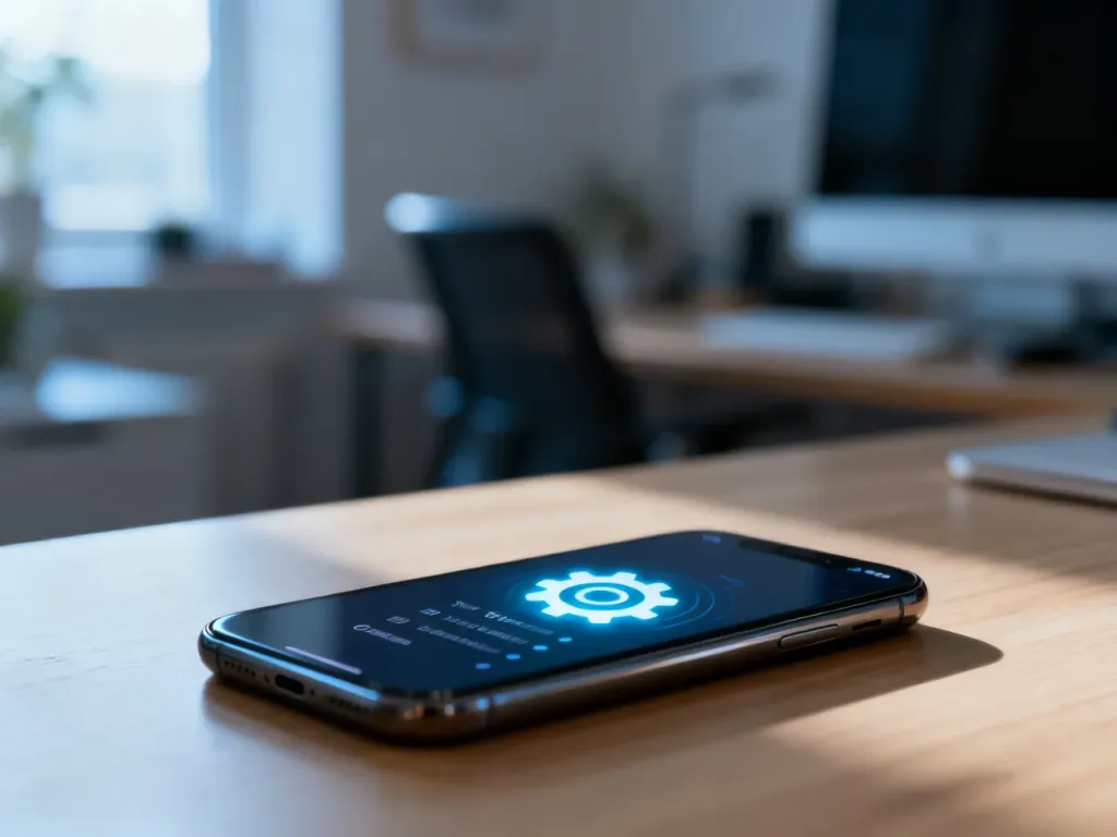 Nowoczesny smartfon z widocznym menu ustawień systemu na ekranie, leżący na minimalistycznym drewnianym biurku.