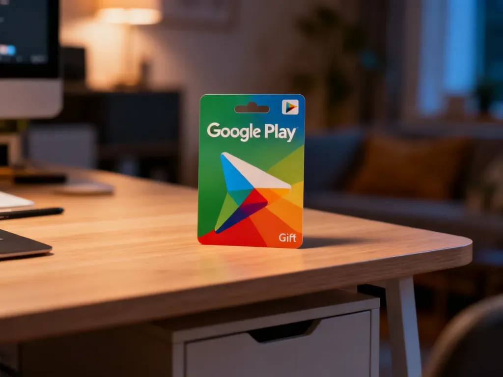Kolorowa karta podarunkowa Google Play leżąca na nowoczesnym drewnianym biurku w przytulnym domowym biurze.