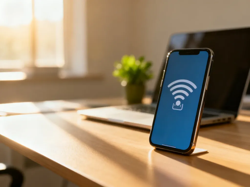Nowoczesny smartfon z ikonami zasięgu i sieci bezprzewodowej na ekranie, leżący na minimalistycznym biurku.