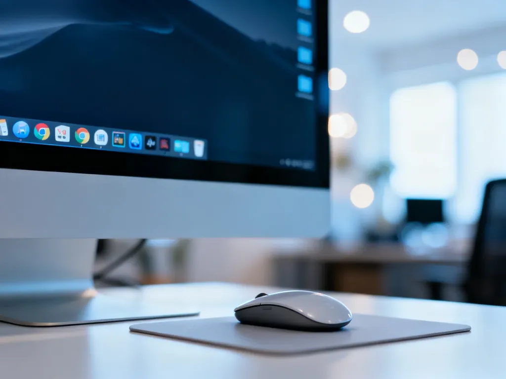 Nowoczesny monitor komputerowy z widocznym pulpitem systemu Windows oraz myszka na minimalistycznej podkładce.