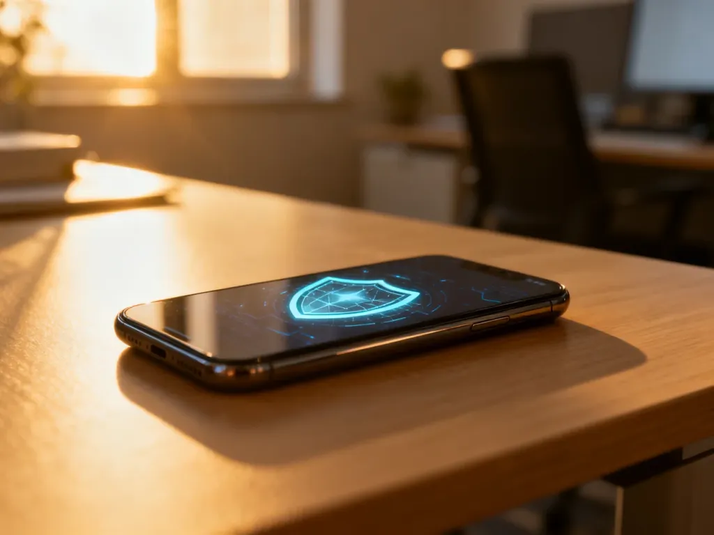 Nowoczesny smartfon z ikoną cyfrowej tarczy na ekranie, symbolizującą bezpieczne szyfrowanie danych na urządzeniu.