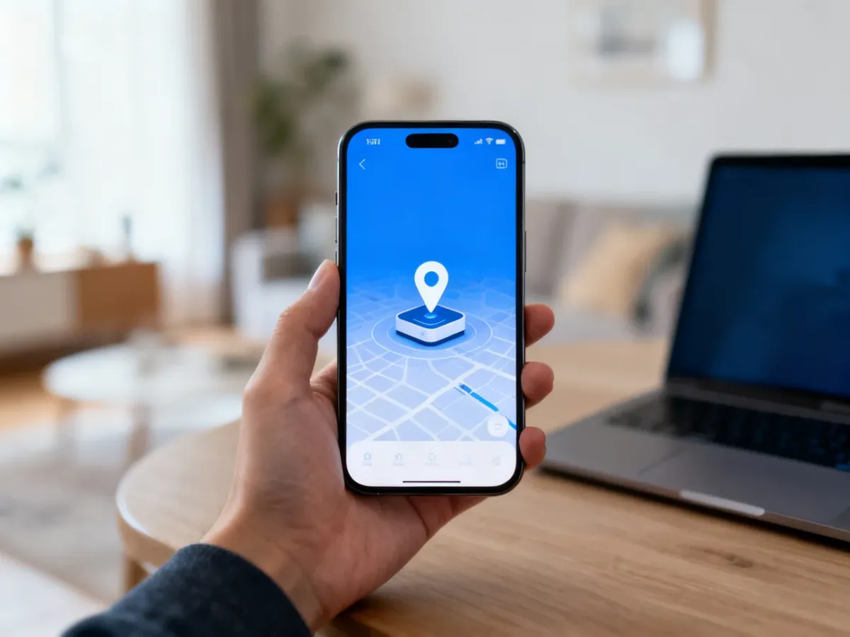 Smartfon z mapą lokalizacji urządzenia trzymany w dłoni