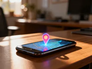 Nowoczesny smartfon na drewnianym biurku z otwartym menu ustawień, na którym wyłączany jest przełącznik funkcji Wi-Fi Calling.
