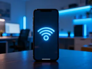 Nowoczesny smartfon z paskiem wyszukiwania na tle biurka, ilustrujący proces konfiguracji ustawień przeglądarki.