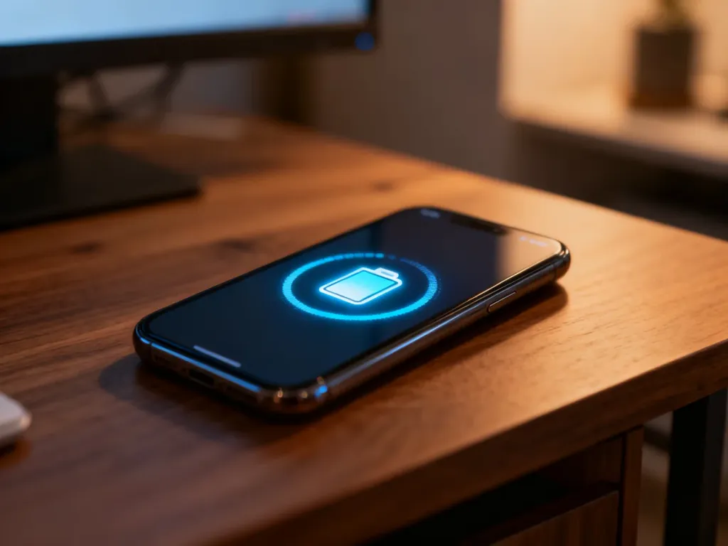 Nowoczesny smartfon na biurku z ikoną baterii i animacją ładowania, symbolizującą działanie funkcji baterii adaptacyjnej.