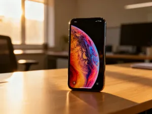 Nowoczesny smartfon leżący na biurku z otwartym menu ustawień systemowych, wskazującym na dostępność aktualizacji oprogramowania.