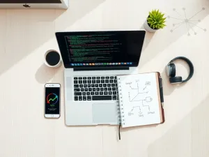 Nowoczesny smartfon z ikoną sklepu z aplikacjami na ekranie, leżący na minimalistycznym biurku w jasnym biurze.