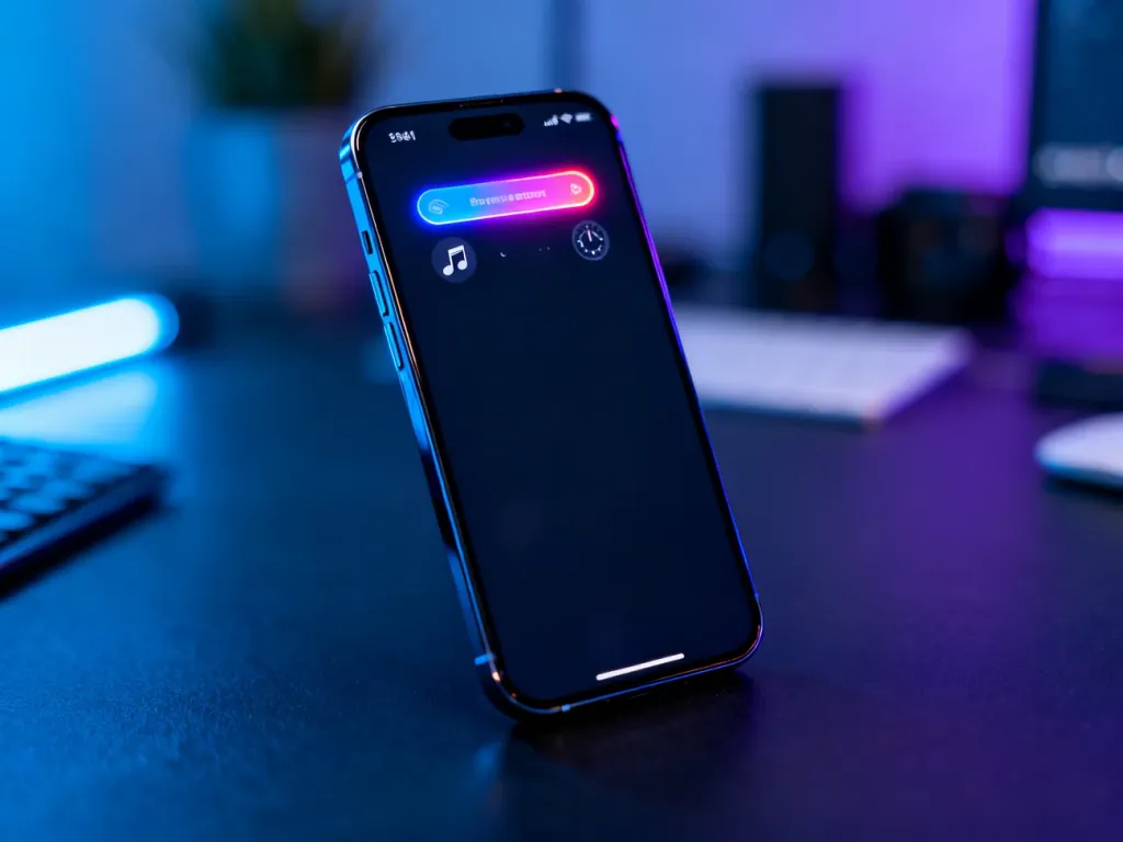 Nowoczesny smartfon z widoczną funkcją Dynamic Island na ekranie, wyświetlający powiadomienia o muzyce i stoperze.