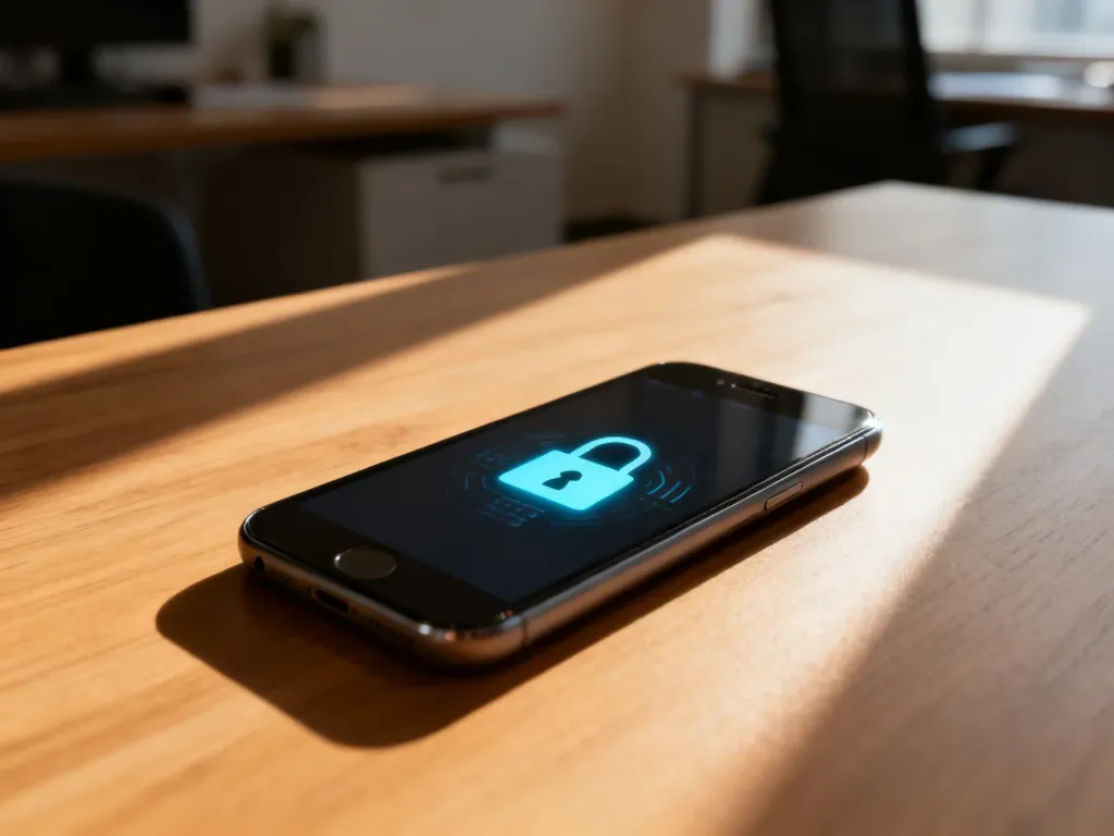 Zablokowany smartfon z ikoną kłódki na ekranie, leżący na drewnianym biurku w słonecznym, minimalistycznym wnętrzu.
