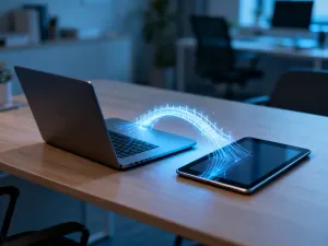 Ekran smartfona z wyświetloną mapą i ikoną lokalizacji na tle biurka w świetle poranka.