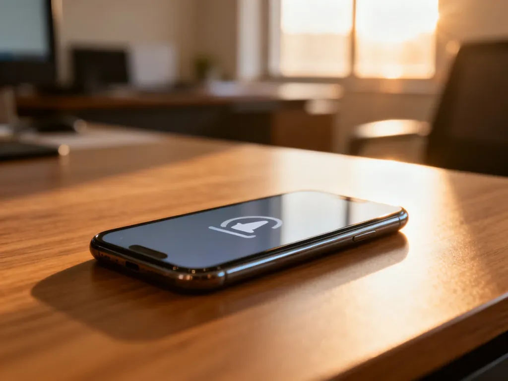 Smartfon z ikoną powiadomienia na ekranie, leżący na biurku w słonecznym biurze.