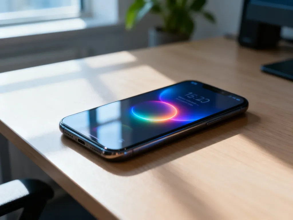 Nowoczesny smartfon z podświetlonym interfejsem systemu Android leżący na minimalistycznym drewnianym biurku.