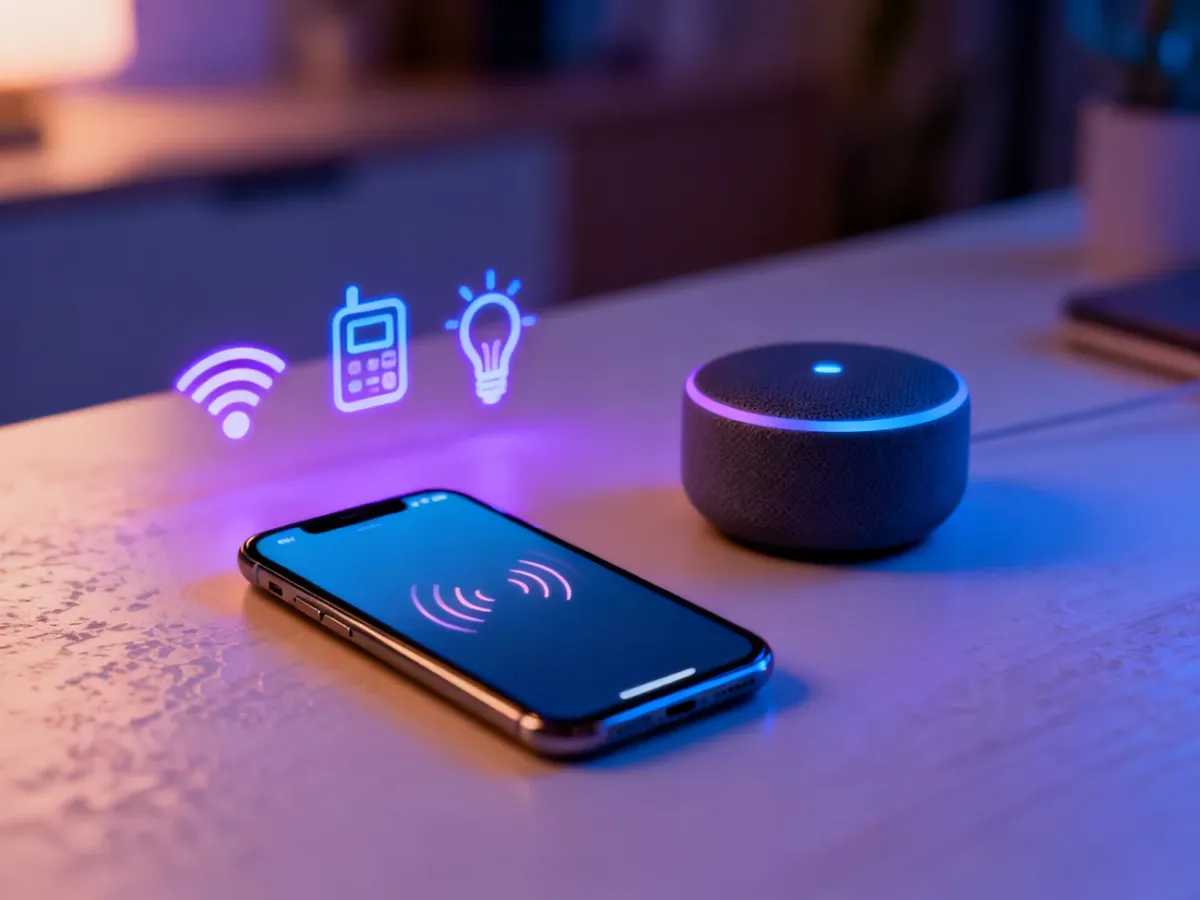 Smartfon z asystentem głosowym obok inteligentnego głośnika