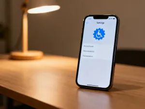 Nowoczesny smartfon na biurku z widocznym na ekranie przełącznikiem wyłączającym asystenta głosowego.