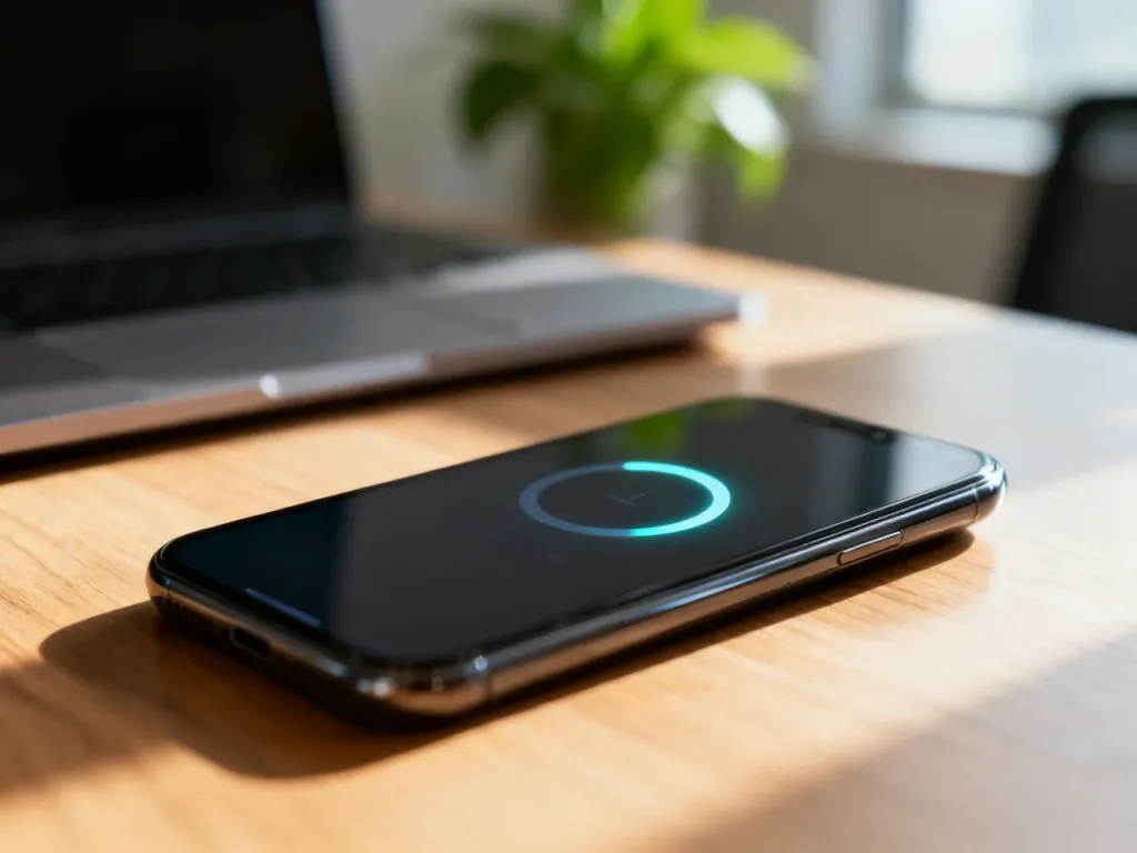 Smartfon leżący na biurku z ikoną aktualizacji systemu na ekranie, symbolizujący proces przygotowania urządzenia do instalacji.