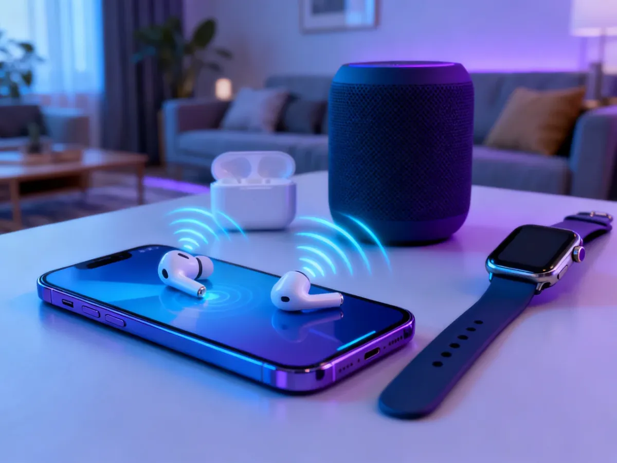 Smartfon połączony bezprzewodowo ze słuchawkami, głośnikiem i smartwatchem